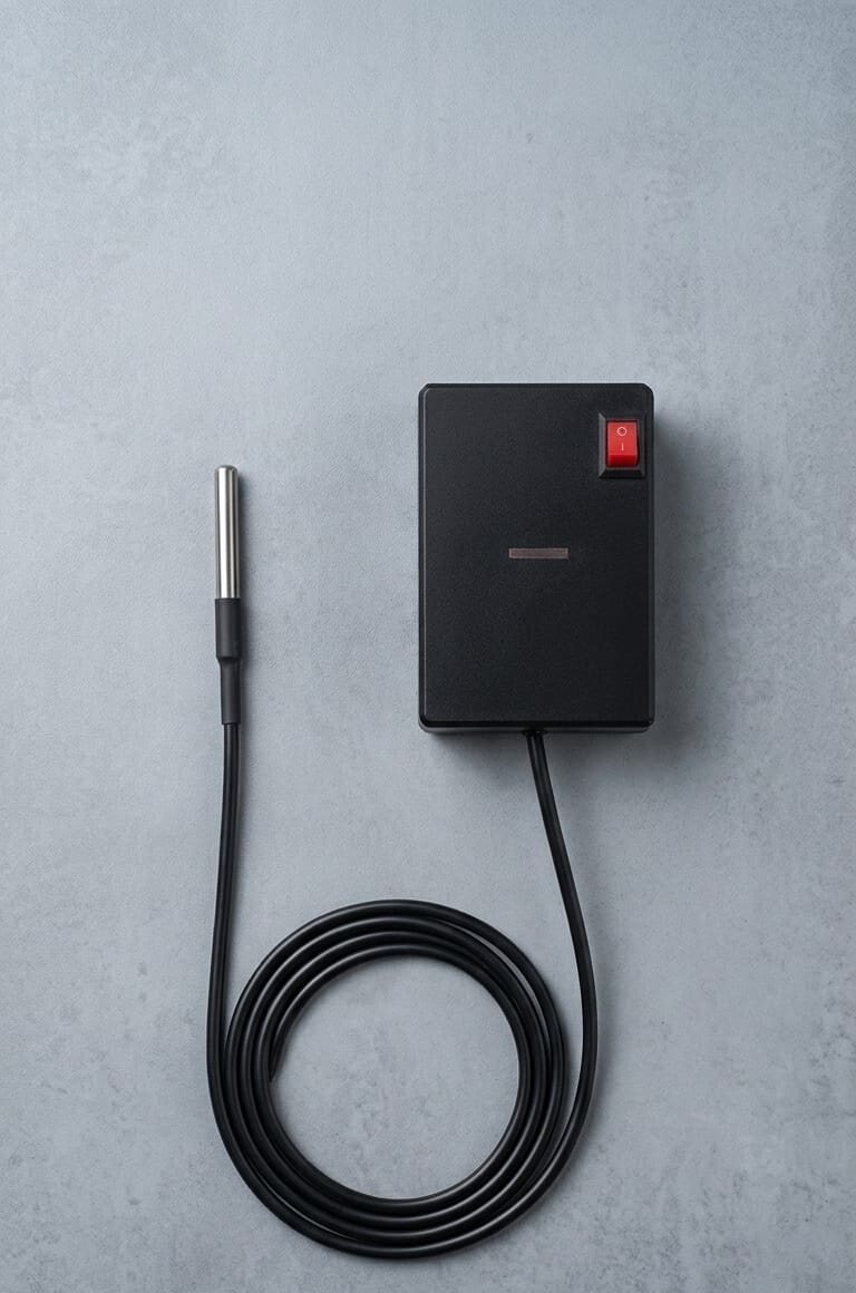 SPSense Nirix IoT temperature logger with its stainless-steel food-grade probe