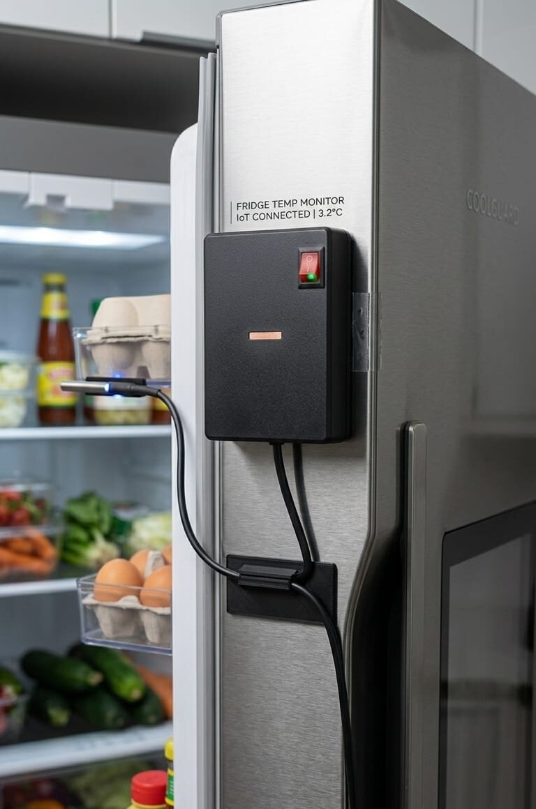 SPSense wireless temperature sensor mounted on a commercial fridge showing a live 3.2°C reading